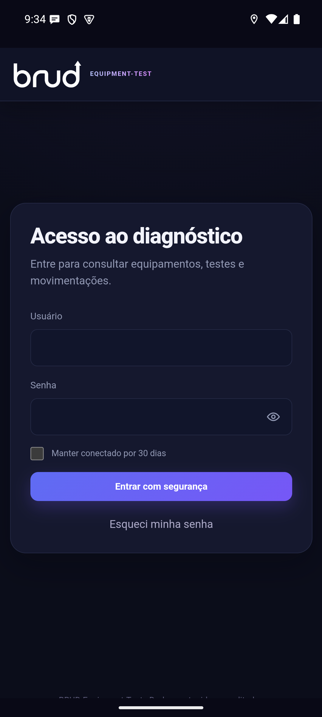 Aplicativo Android do Equipment Test